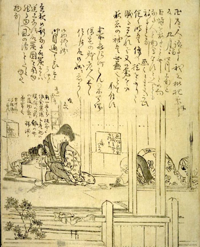 葛飾北斎と娘・応為（『北斎仮宅之図』北斎の門人・露木為一 画）