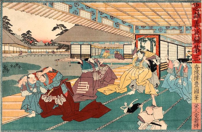 「忠臣蔵」の第一の見せ場、松の廊下で斬りつけられる吉良上野介（『忠雄義臣録』より　三代歌川豊国 画）